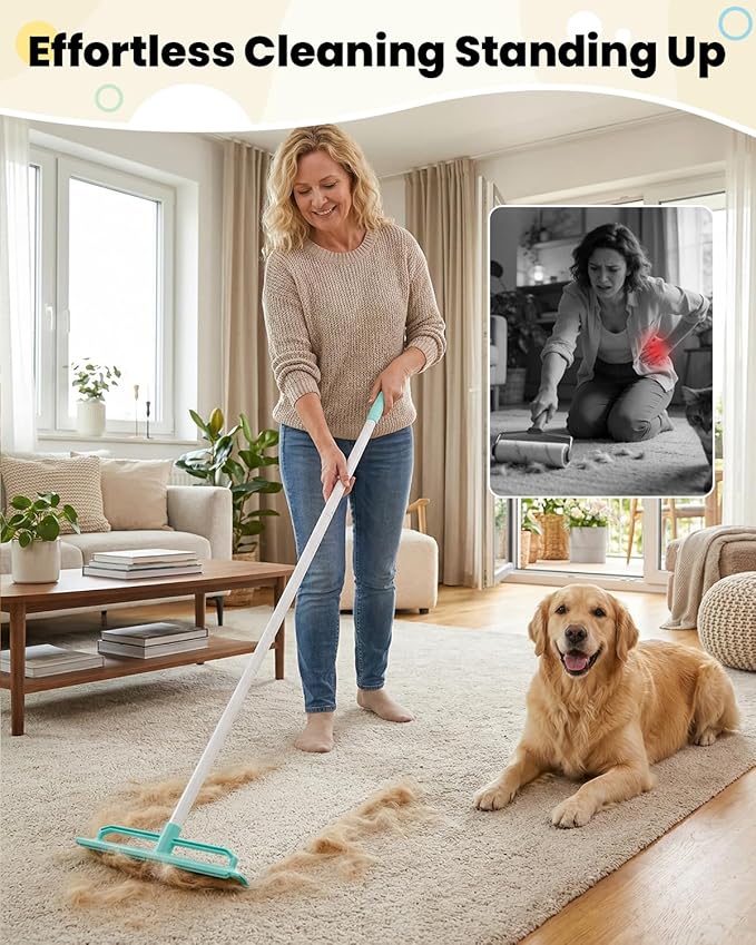 Carpet Rake for Pet Hair Removal - 5-in-1 Rubber Broom and Metal Scraper Tool-L1032